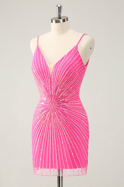 Unique Tight Spaghetti Straps Backless Golden Short Homecoming Dress with Sequins