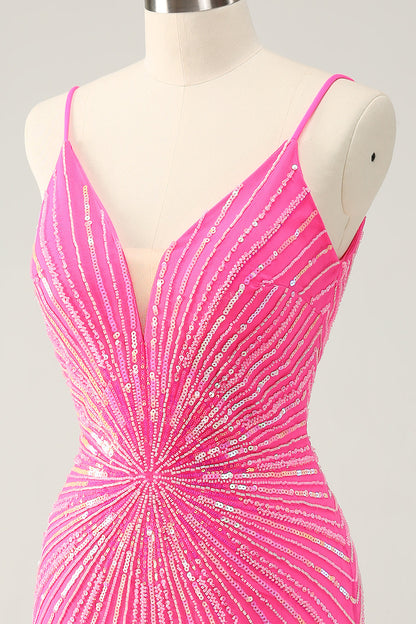 Unique Glitter Tight Backless Hot Pink Short Homecoming Dress with Sequins