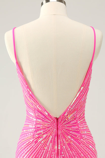 Unique Glitter Tight Backless Hot Pink Short Homecoming Dress with Sequins