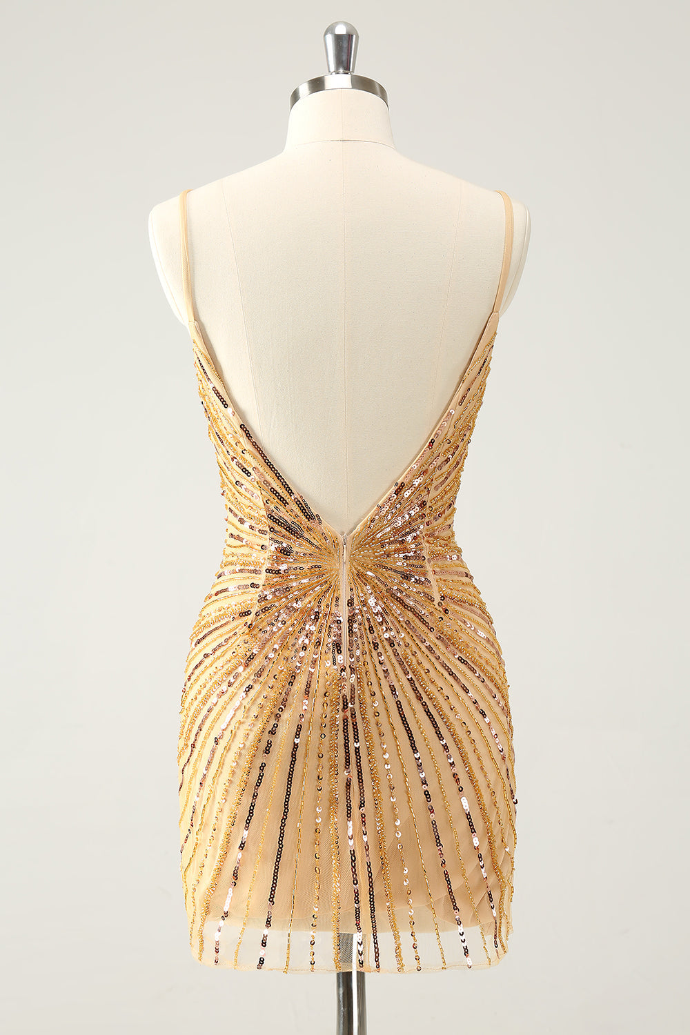 Unique Tight Spaghetti Straps Backless Golden Short Homecoming Dress with Sequins