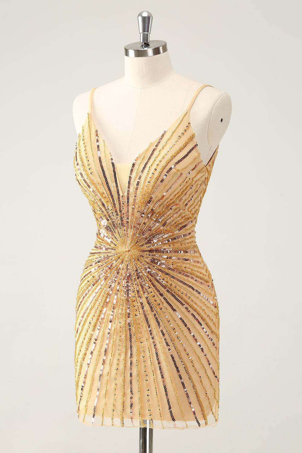 Unique Tight Spaghetti Straps Backless Golden Short Homecoming Dress with Sequins
