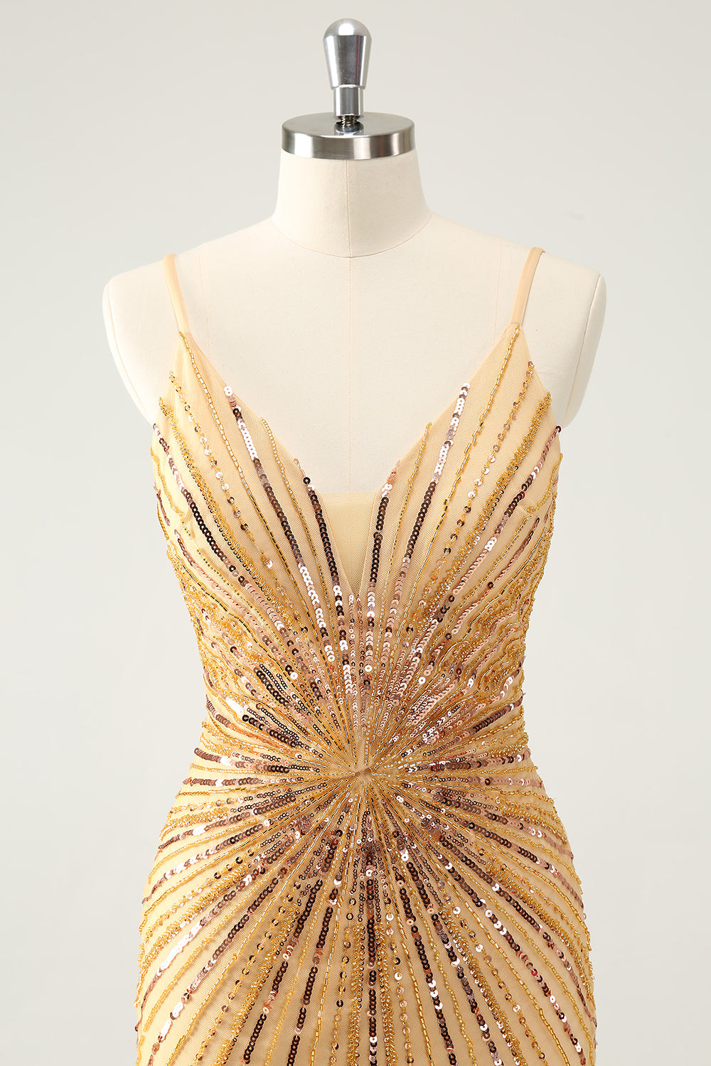 Unique Tight Spaghetti Straps Backless Golden Short Homecoming Dress with Sequins
