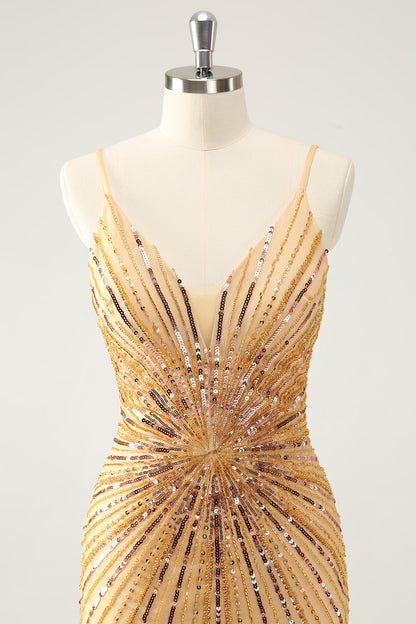 Unique Tight Spaghetti Straps Backless Golden Short Homecoming Dress with Sequins