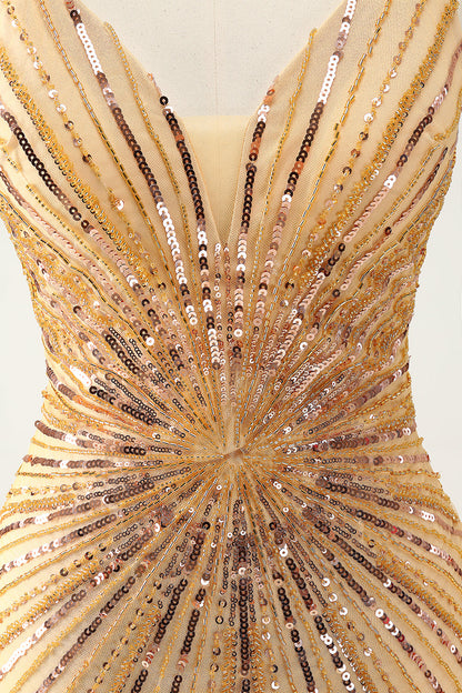 Unique Tight Spaghetti Straps Backless Golden Short Homecoming Dress with Sequins