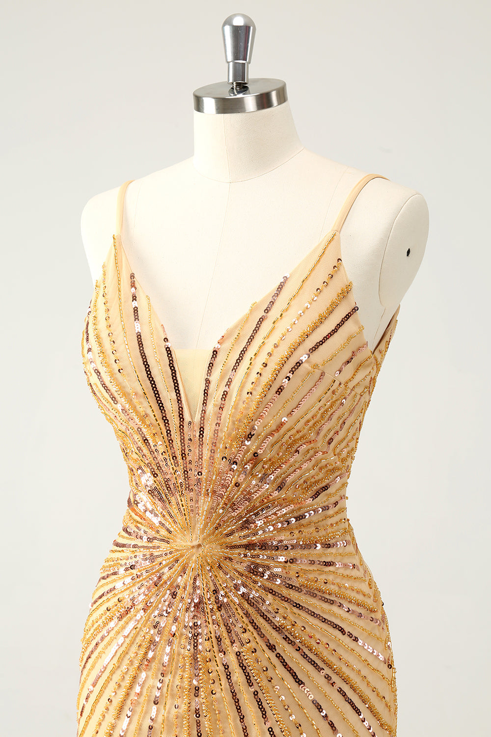 Unique Tight Spaghetti Straps Backless Golden Short Homecoming Dress with Sequins