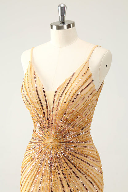 Unique Tight Spaghetti Straps Backless Golden Short Homecoming Dress with Sequins