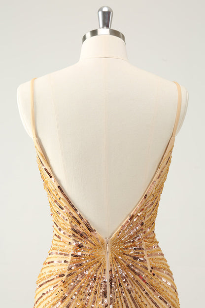 Unique Tight Spaghetti Straps Backless Golden Short Homecoming Dress with Sequins