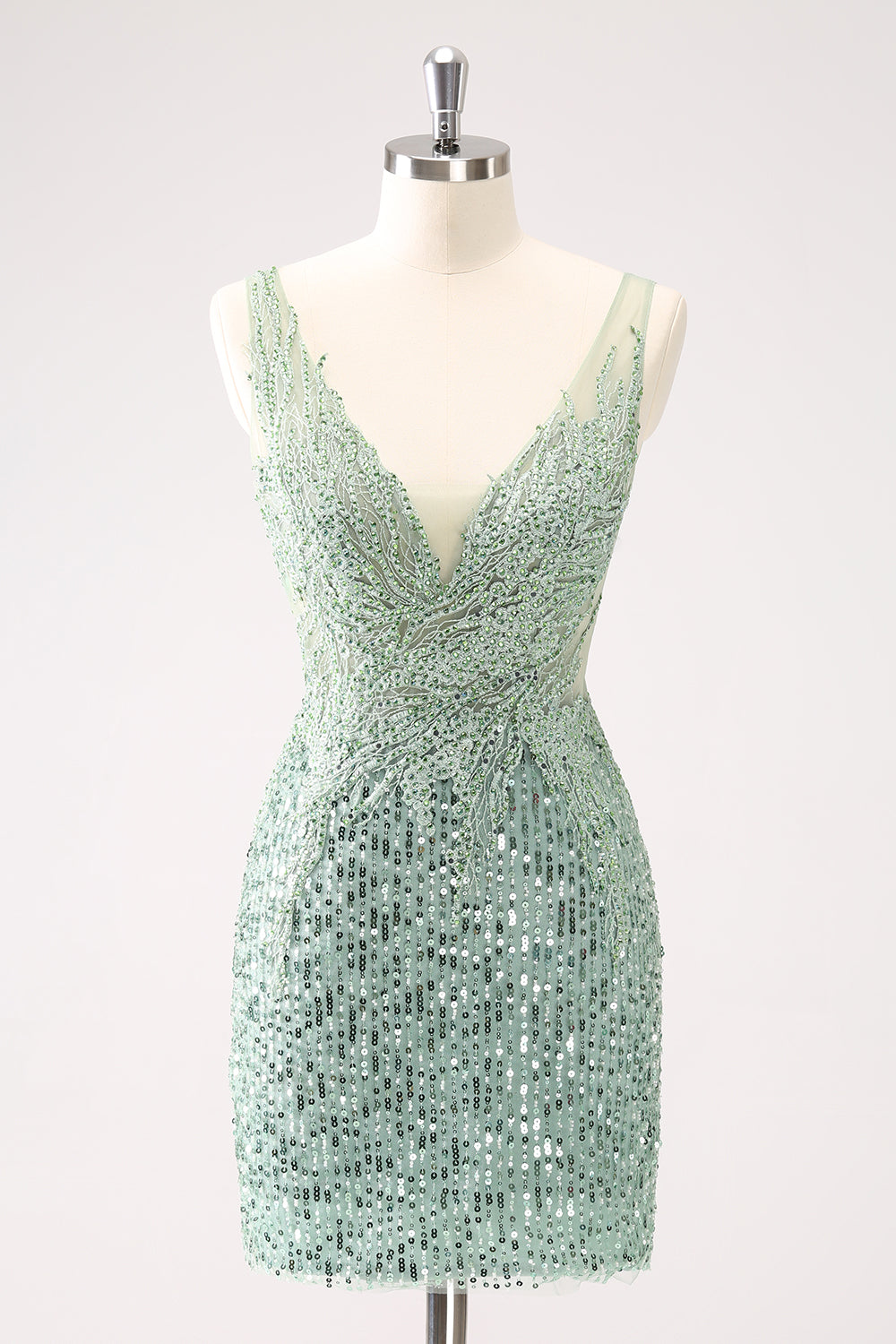 Glitzerndes grünes, figurbetontes, kurzes Homecoming-Kleid mit Pailletten und V-Ausschnitt und Perlen