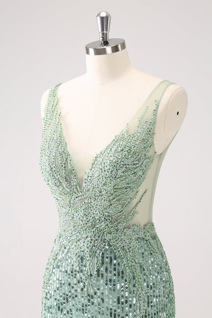 Glitzerndes grünes, figurbetontes, kurzes Homecoming-Kleid mit Pailletten und V-Ausschnitt und Perlen