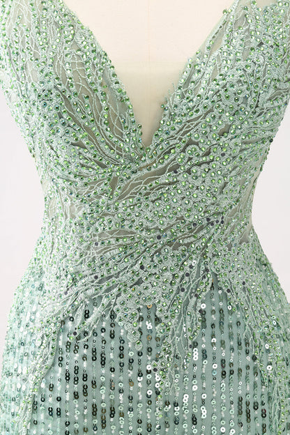 Glitzerndes grünes, figurbetontes, kurzes Homecoming-Kleid mit Pailletten und V-Ausschnitt und Perlen