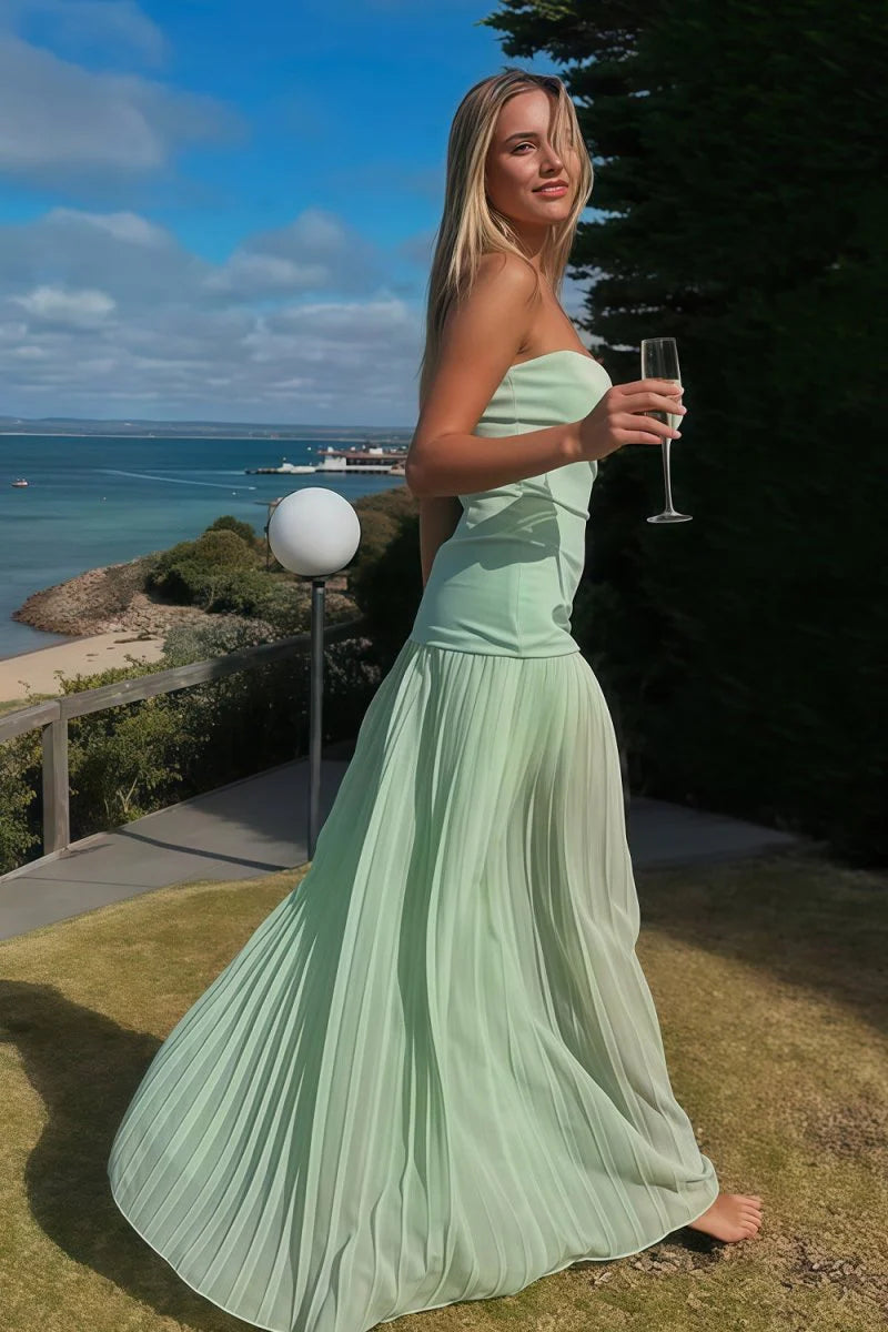 Sage Strapless Sheath Chiffon Pleated Long A Line Prom Dress