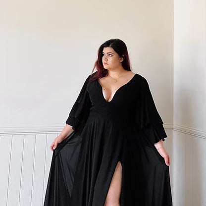 Sexy Split V Neck Flare Sleeve Chiffon A Line Gothic Black Wedding Dress