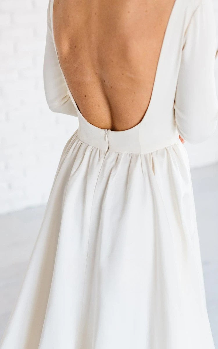 Ivory Simple Long Sleeve Open Back Satin A-Line Wedding Dress Customized