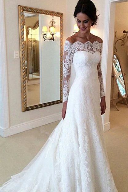 Ivory Long Sleeve Off Shoulder Lace Mermaid Wedding Dress Custom Made Customized