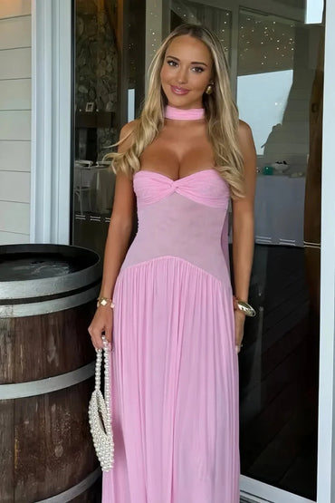 Pink Strapless Chiffon Pleated Long A Line Prom Dress