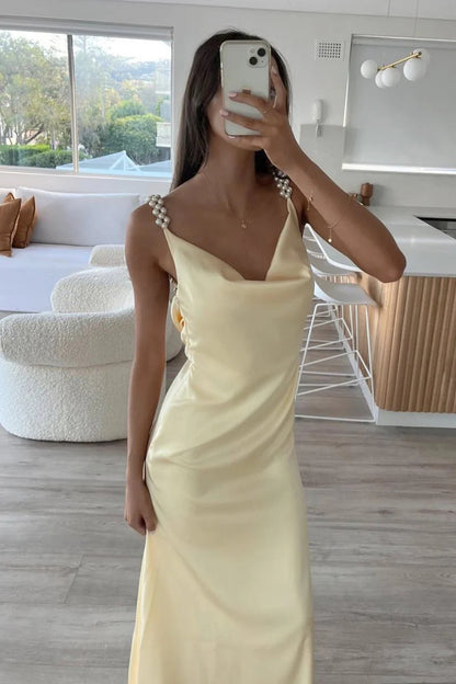 Yellow Sheath Spaghetti Straps Pearls Satin Long Mermaid Prom Dress