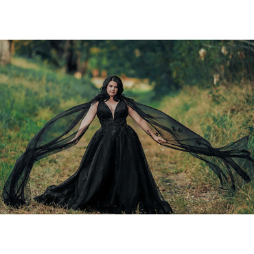 Sexy Deep V Neck Watteau Train Off the Shoulder Tulle A Line Gothic Black Wedding Dress