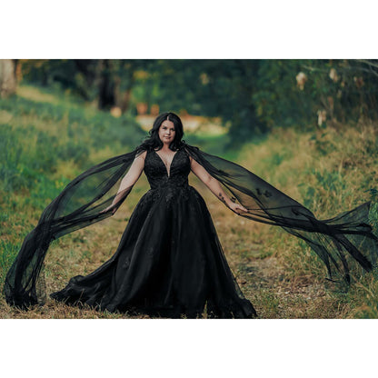 Sexy Deep V Neck Watteau Train Off the Shoulder Tulle A Line Gothic Black Wedding Dress