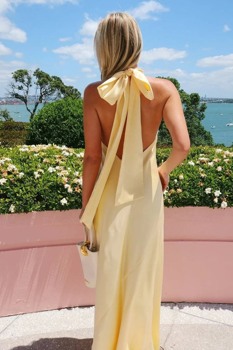Yellow Halter Sheath Satin Backless Long Mermaid Prom Dress