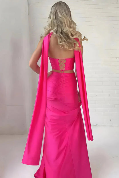 Fuchsia Slit Strapless Sheath Satin Pleated Formal Mermaid Prom Dress