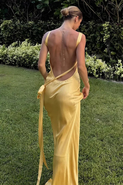 Yellow One Shoulder Sheath Satin Backless Long Mermaid Prom Dress