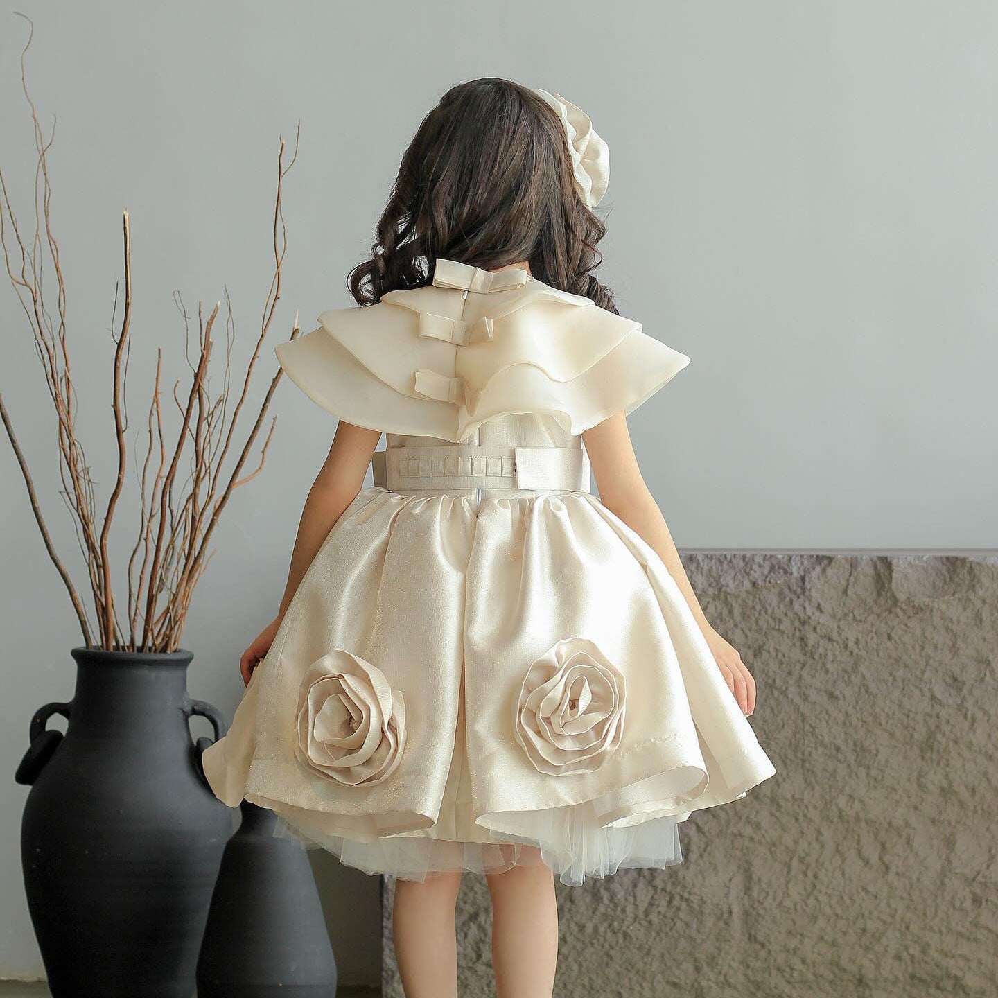 Roycebridal Elegant Beige Girl Dresses Handmade Flowers with Headgear for Kids Wedding Birthday Holiday Party Gown 2025 J104