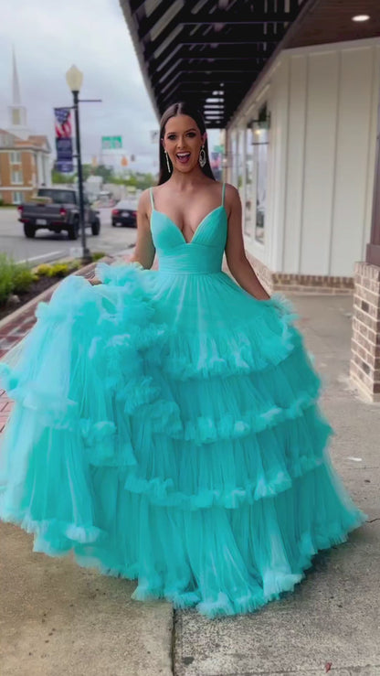Roycebridal Skye |A-line V-Neck Tulle Prom Dress with Tiered Ruffles