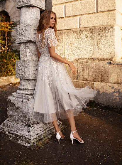 Boho Floral Short Sleeves Midi Lace Button A-Line Wedding Dress Custom Made Customized