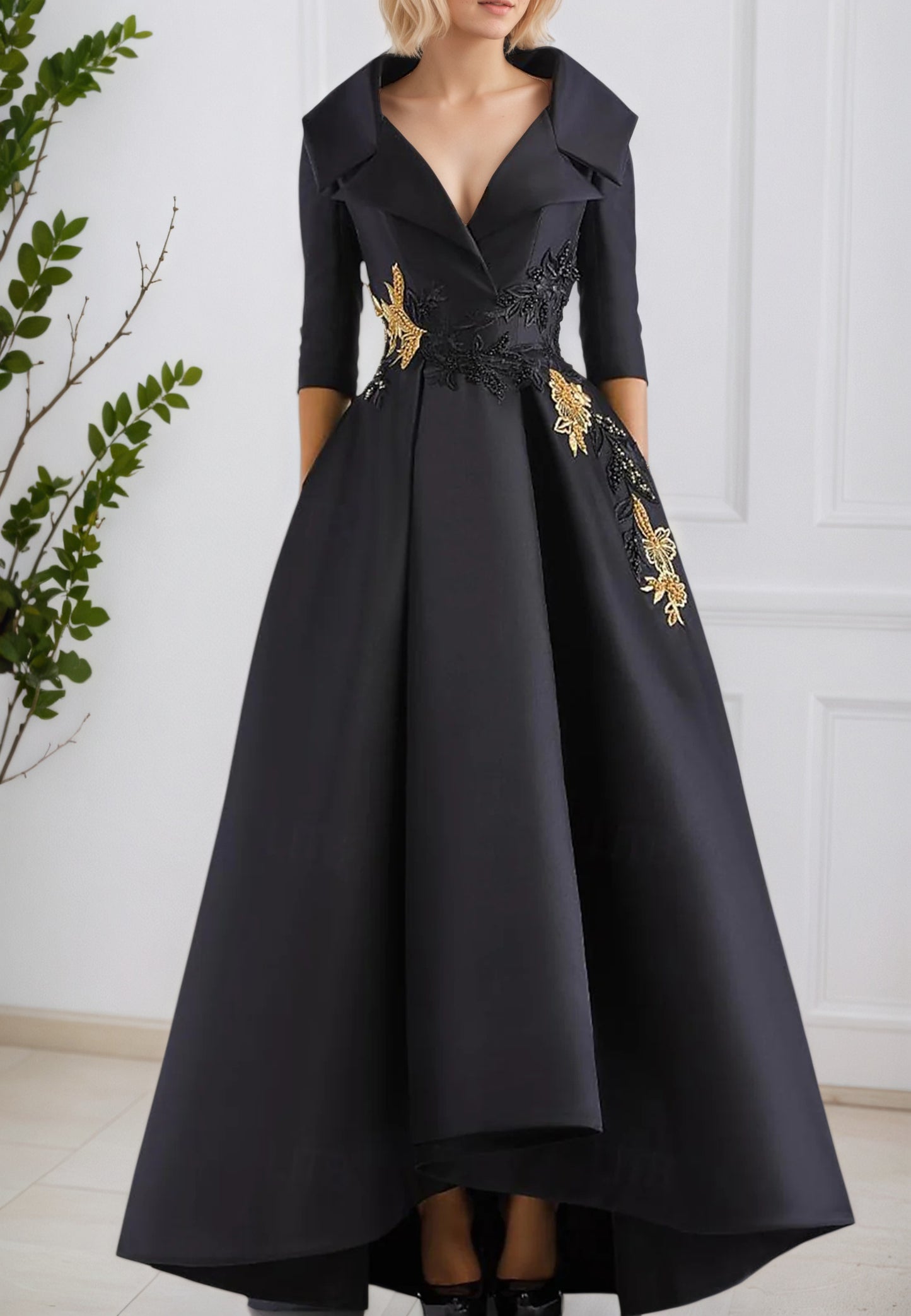 V Neck Pocket Satin with Beading Appliques A Line Formal Evening Dress