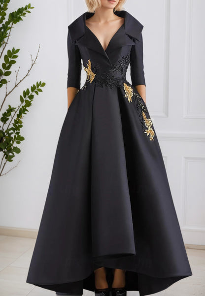 V Neck Pocket Satin with Beading Appliques A Line Formal Evening Dress