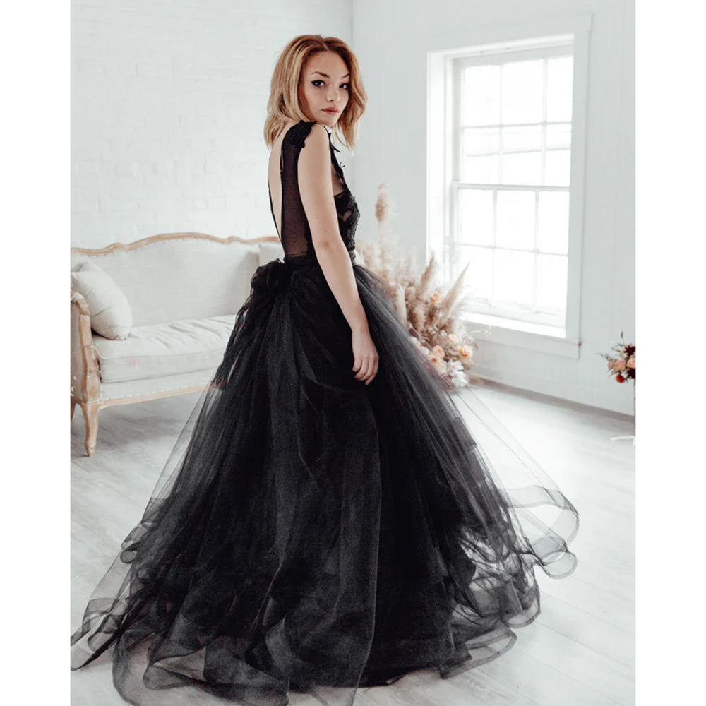 O Neck Sleeveless Lace Top Backless Organza Back A Line Gothic Black Wedding Dress