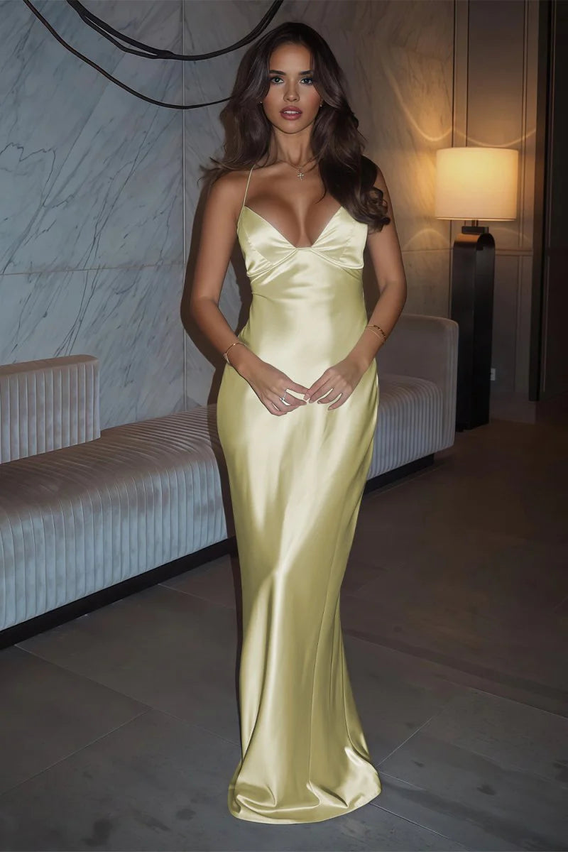 Ivory Sheath Satin Spaghetti Straps Long Mermaid Prom Dress