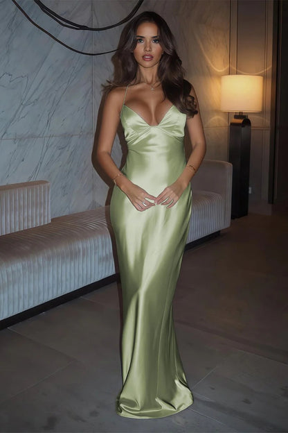 Ivory Sheath Satin Spaghetti Straps Long Mermaid Prom Dress