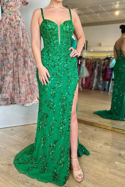Roycebridal Sparkly Blue Sheath Sequins Long Prom Dress with Slit