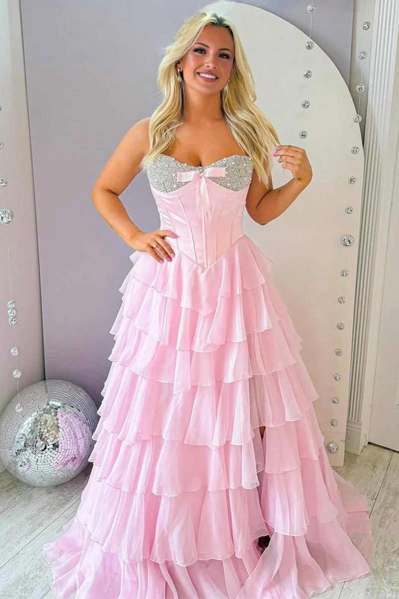 Pink Sweetheart Chiffon Ruffled Beading Long Formal A Line Prom Dress