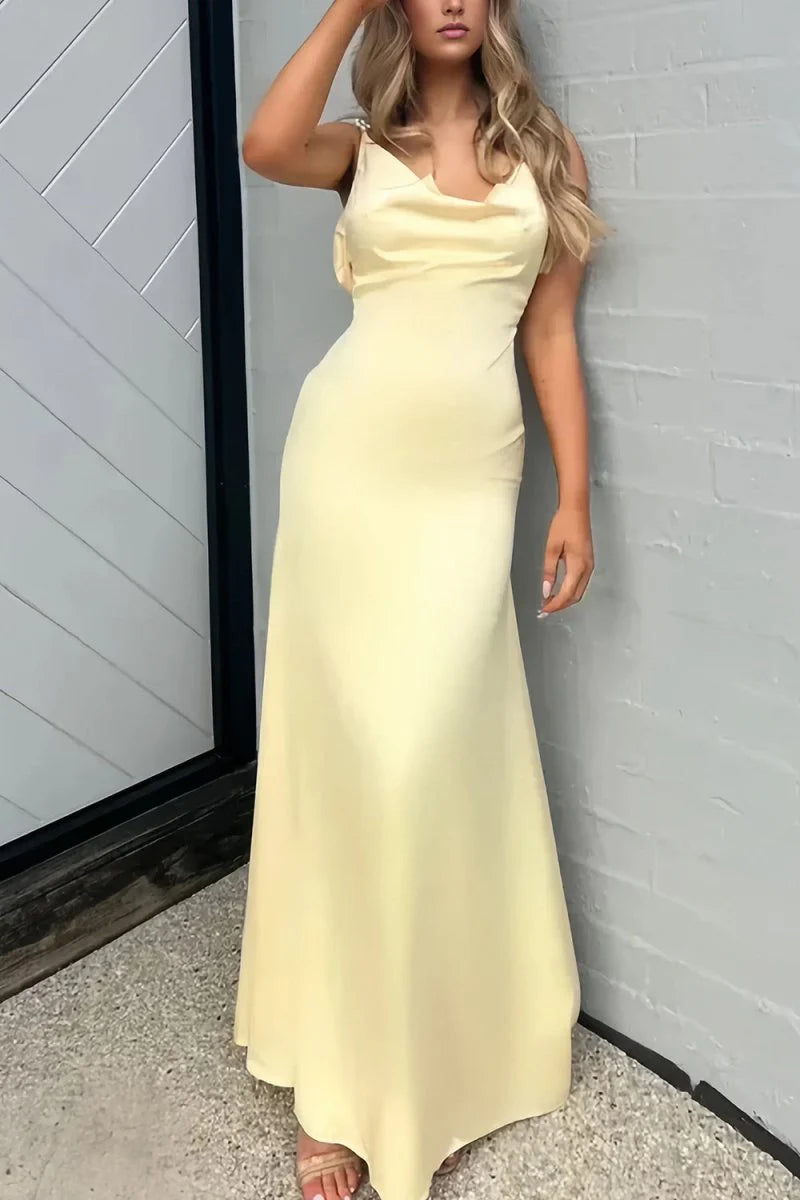 Yellow Sheath Spaghetti Straps Pearls Satin Long Mermaid Prom Dress