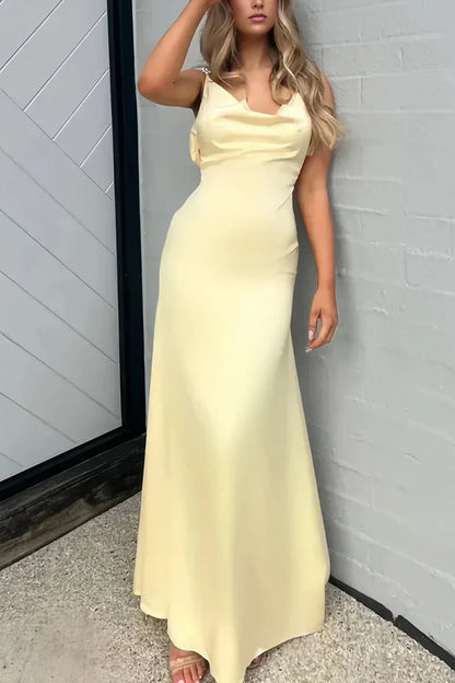 Yellow Sheath Spaghetti Straps Pearls Satin Long Mermaid Prom Dress
