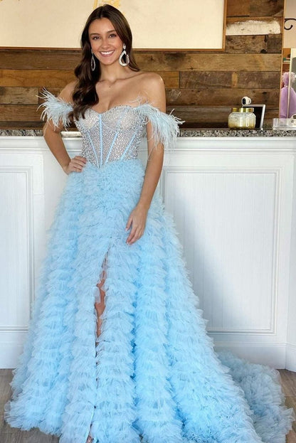 Roycebridal Astrid |A Line Off the Shoulder Tiered Tulle Prom Dress With Slit