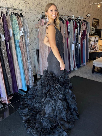 Roycebridal Mermaid Black One Shoulder Tiered Seqins Long Prom Dress