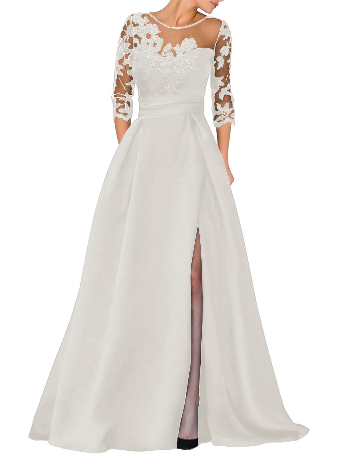 V-Ausschnitt Langarm Spitze Perlen Top A Linie Gothic Schwarzes Brautkleid