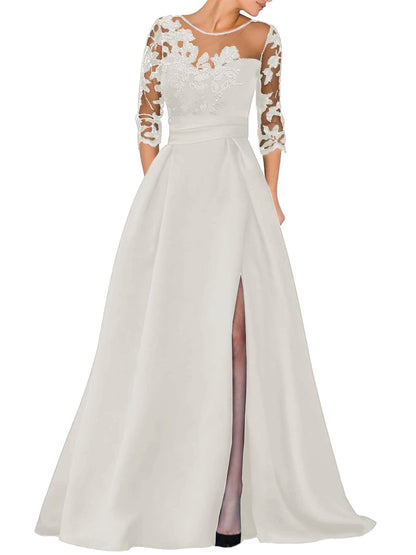 V-Ausschnitt Langarm Spitze Perlen Top A Linie Gothic Schwarzes Brautkleid