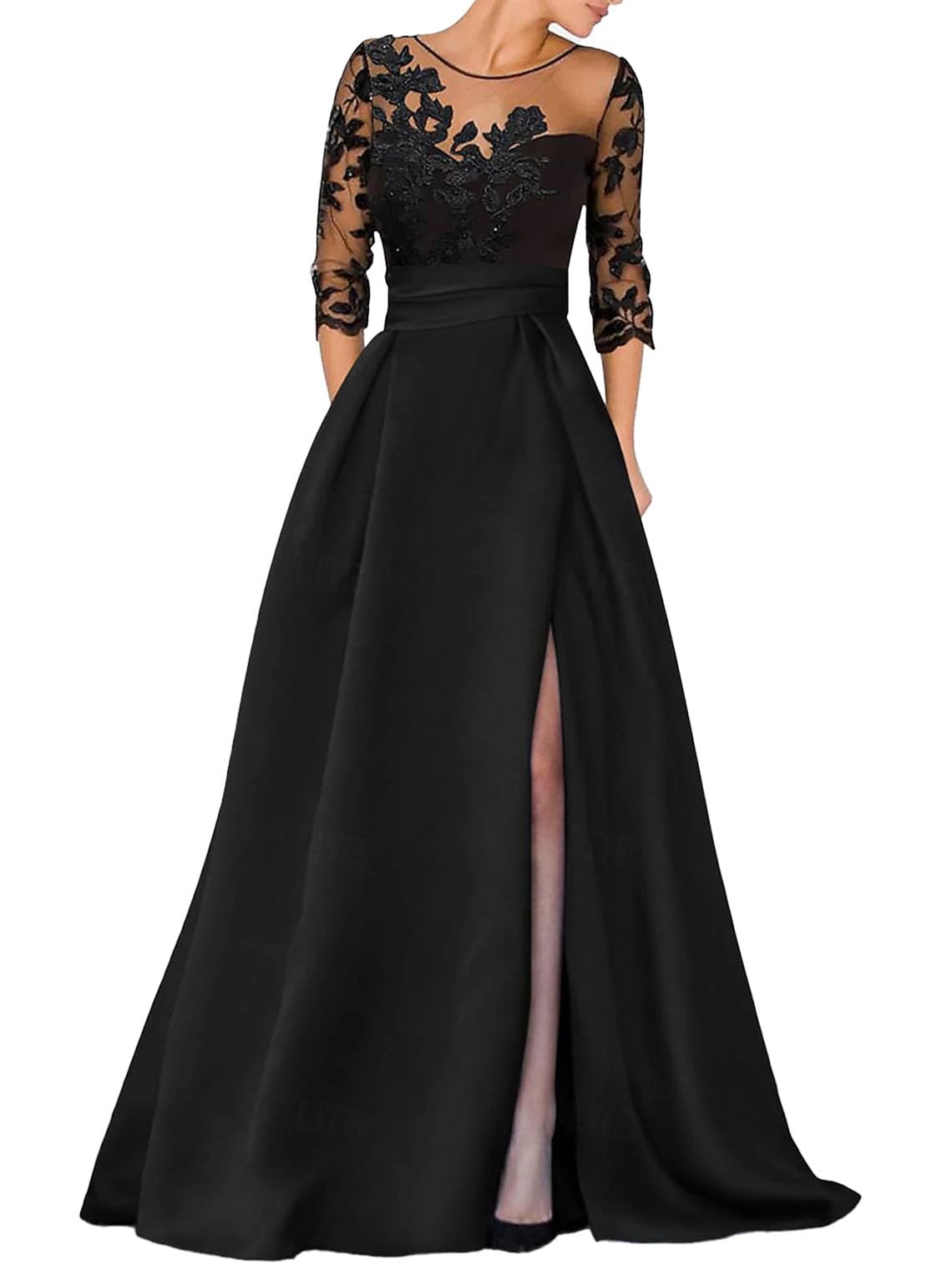 V-Ausschnitt Langarm Spitze Perlen Top A Linie Gothic Schwarzes Brautkleid