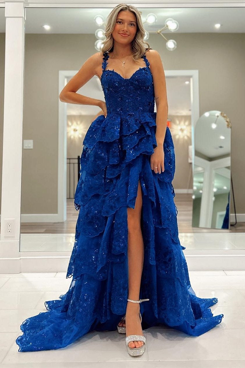 Maisy| Blue Tulle Sequin Sweetheart Ruffle Tiered Long Gown