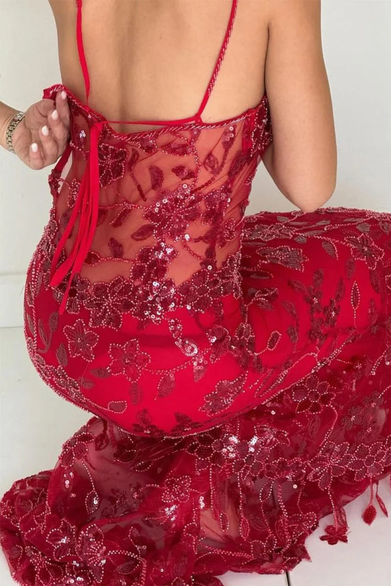 Red Spaghetti Straps Sequined Lace Long Formal Mermaid Prom Dress