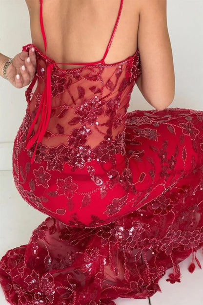 Red Spaghetti Straps Sequined Lace Long Formal Mermaid Prom Dress