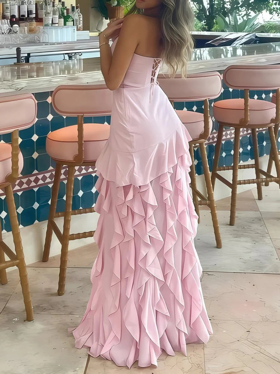 Blaues Neckholder-Abschlussballkleid mit Plissee und Ausschnitten aus Satin in A-Linie