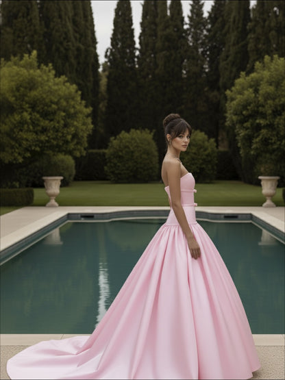 Pink Strapless Ball Gown Prom Dress with Bow Detail Elegant Princess Evening Dress