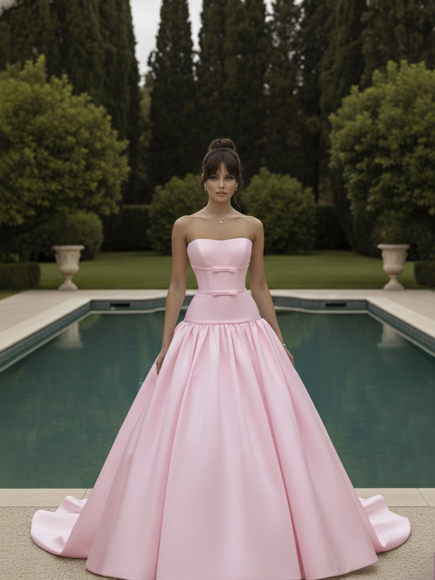 Pink Strapless Ball Gown Prom Dress with Bow Detail Elegant Princess Evening Dress