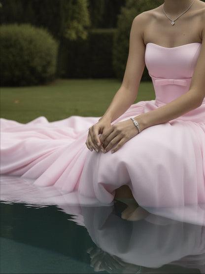 Pink Strapless Ball Gown Prom Dress with Bow Detail Elegant Princess Evening Dress