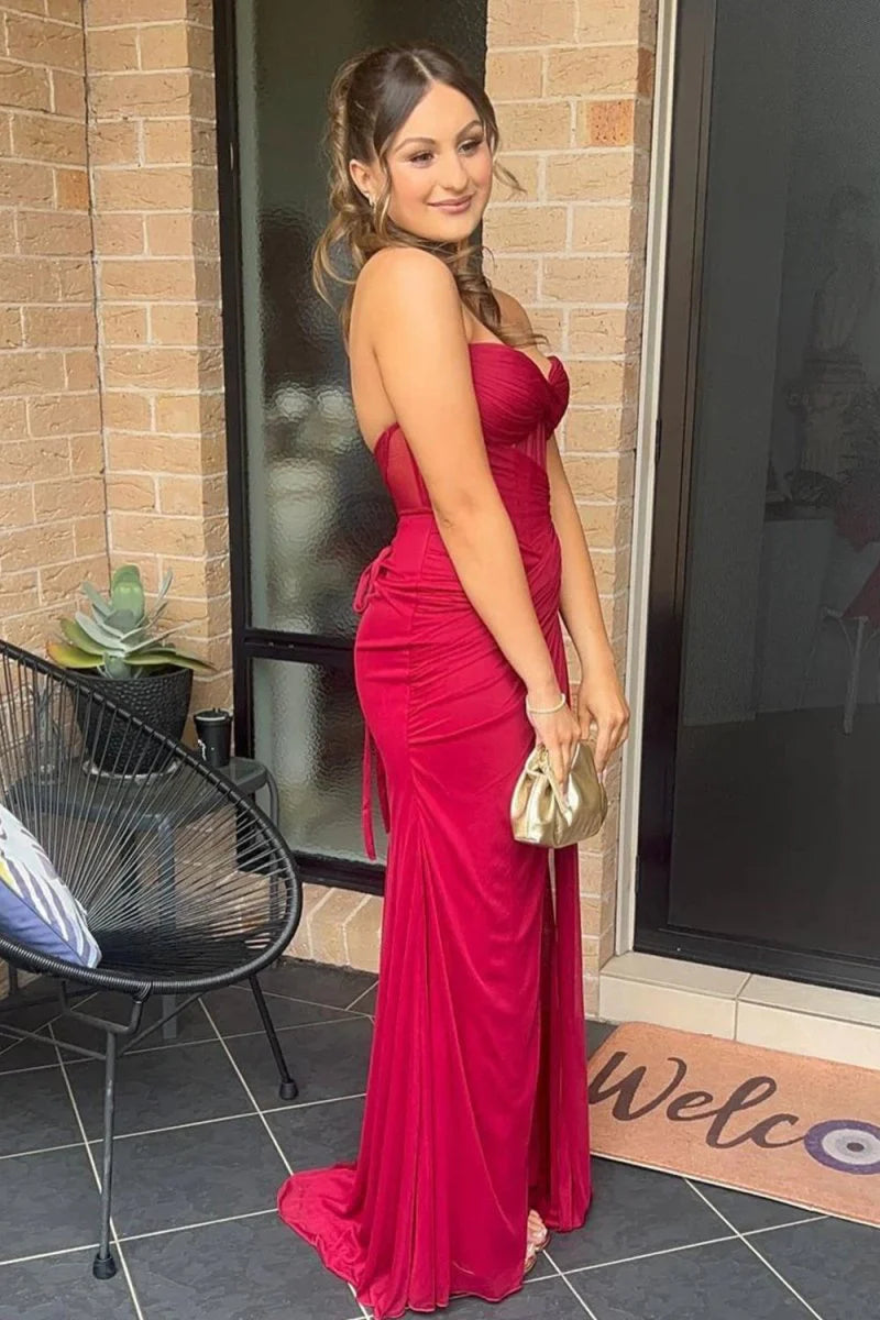 Yellow Slit Strapless Sheath Pleated Long Mermaid Prom Dress